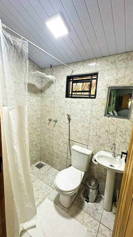 Bathroom with a shower behind a curtain, a toilet and a pedestal sink
