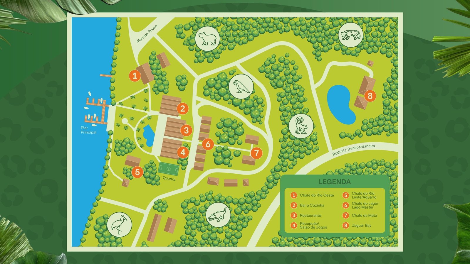 Illustrated map of Santa Rosa Pantanal Hotel showing the river and main pier, the restaurant, bar, reception, sports court, lake, Transpantaneira road and numbered chalet areas, with a legend in Portuguese