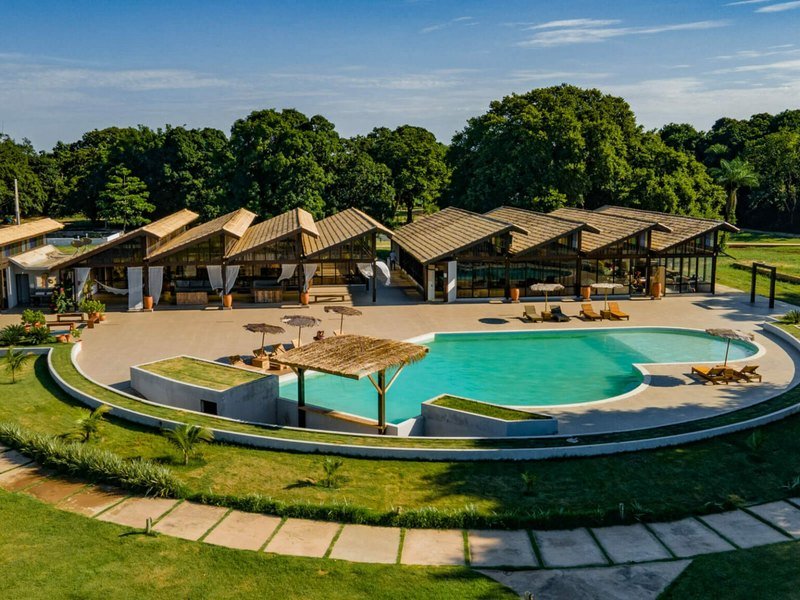Large curved swimming pool with thatched umbrellas and loungers in front of the hotel buildings, with tall trees behind