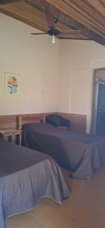 Room with two single beds with brown covers, a wicker armchair and a ceiling fan under a wooden ceiling