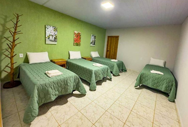 Room with four single beds with green covers, a bare-branch coat stand and floral paintings on a green wall